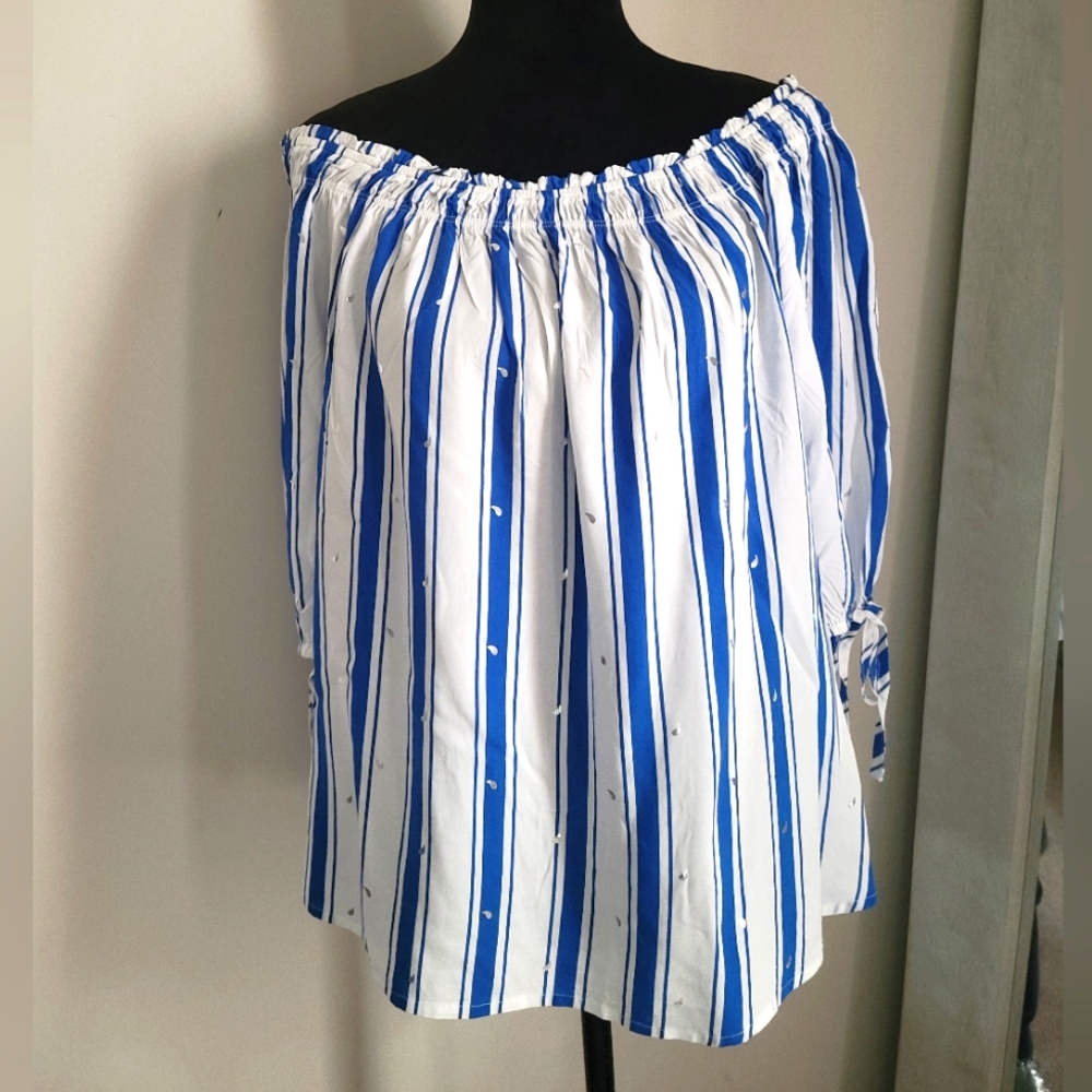 Harve" Benard Striped Peasant-look Blouse  NWT